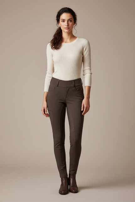 Pantalon Équitation Marron Femme Silicone Ajusté Confortable - Polyester