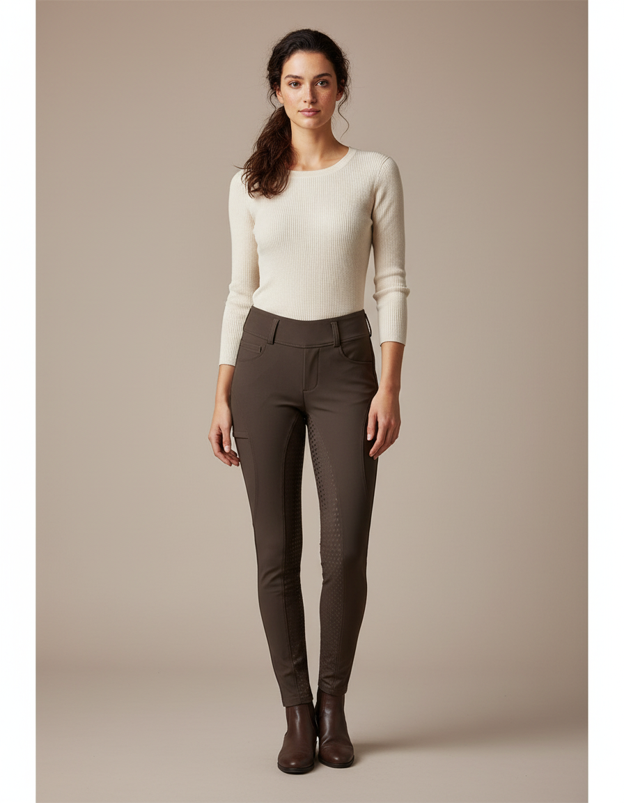 Pantalon Équitation Marron Femme Silicone Ajusté Confortable - Polyester