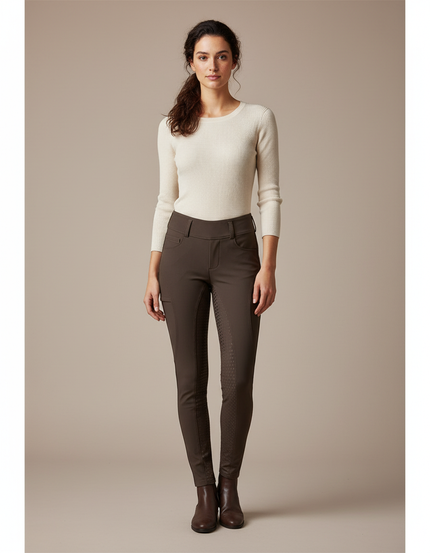 Pantalon Équitation Marron Femme Silicone Ajusté Confortable - Polyester
