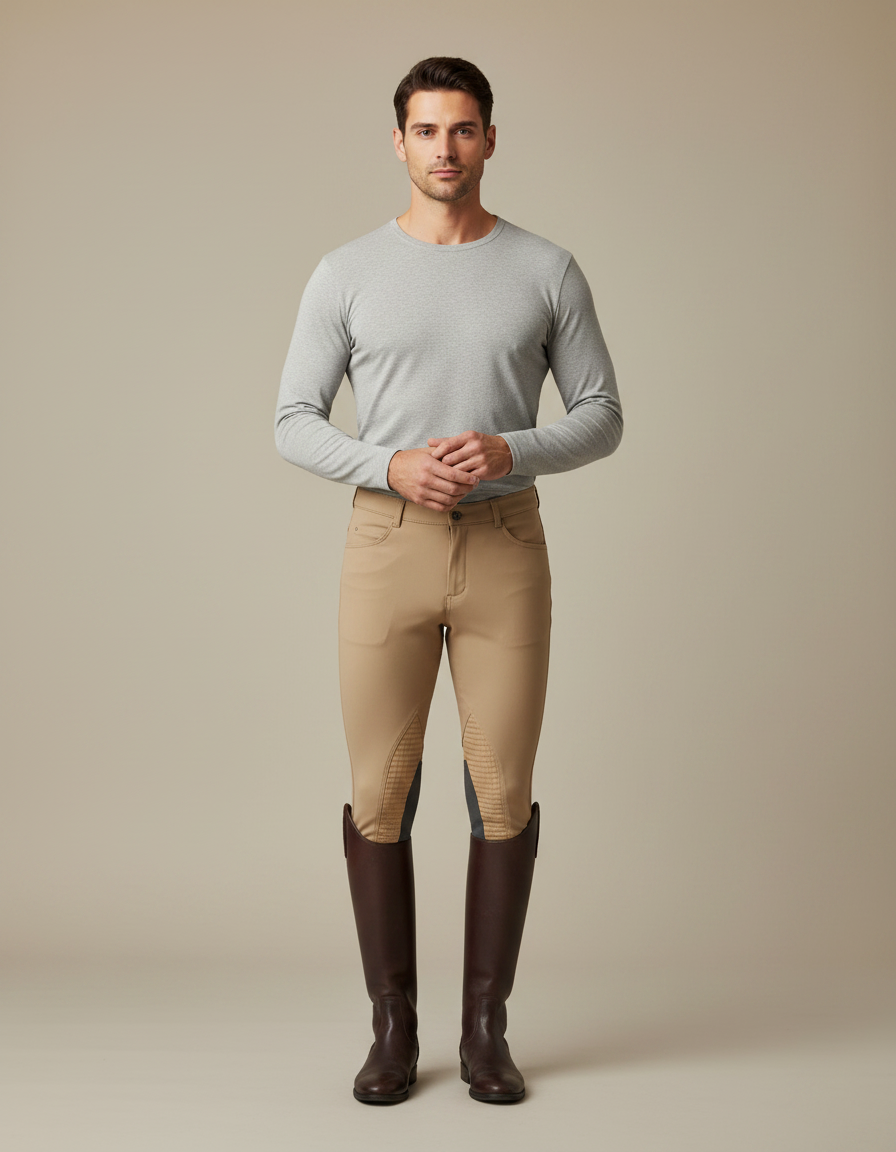 Pantalon Équitation Homme Beige Silicone Adhérent Ajusté - Polyester