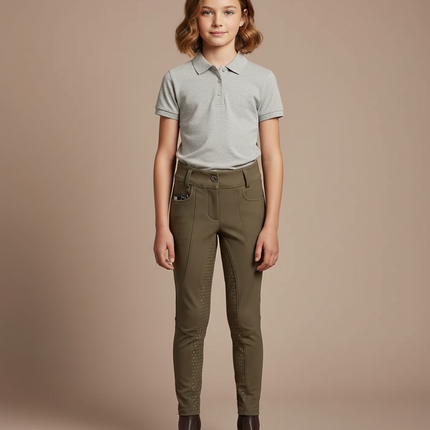 Pantalon Équitation Enfant Kaki Silicone Adhérent Ajusté - Polyester