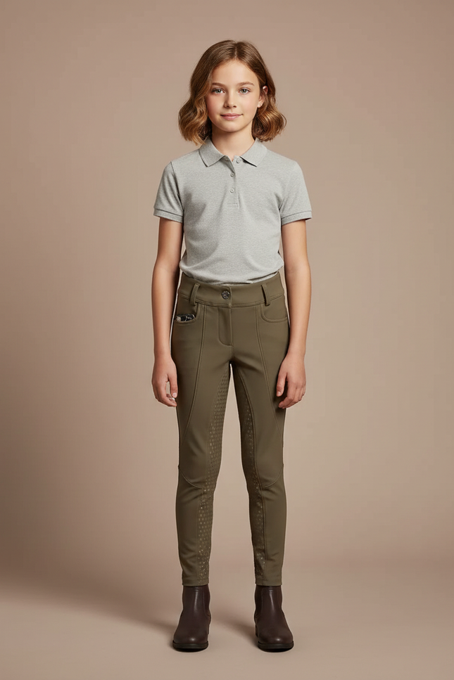 Pantalon Équitation Enfant Kaki Silicone Adhérent Ajusté - Polyester