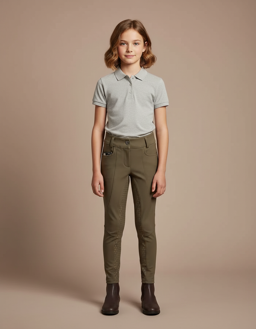 Pantalon Équitation Enfant Kaki Silicone Adhérent Ajusté - Polyester