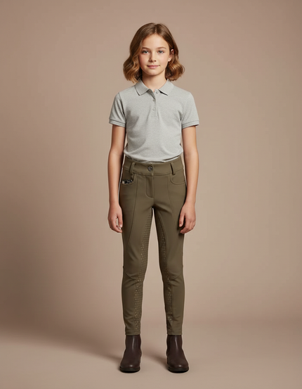 Pantalon Équitation Enfant Kaki Silicone Adhérent Ajusté - Polyester