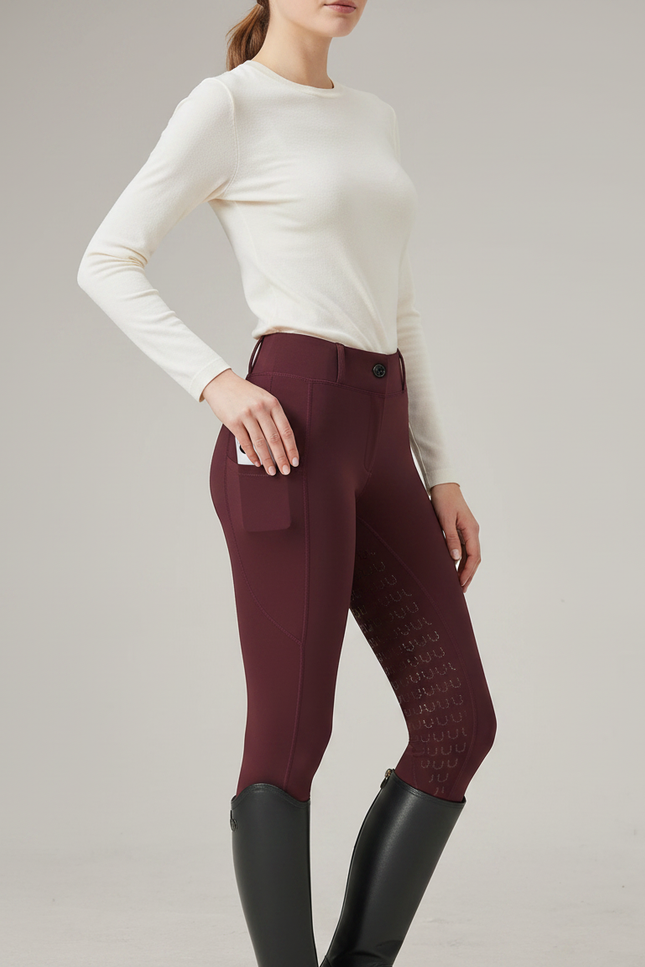 Pantalon Équitation Femme Bordeaux Silicone Ajusté Respirant - Polyester