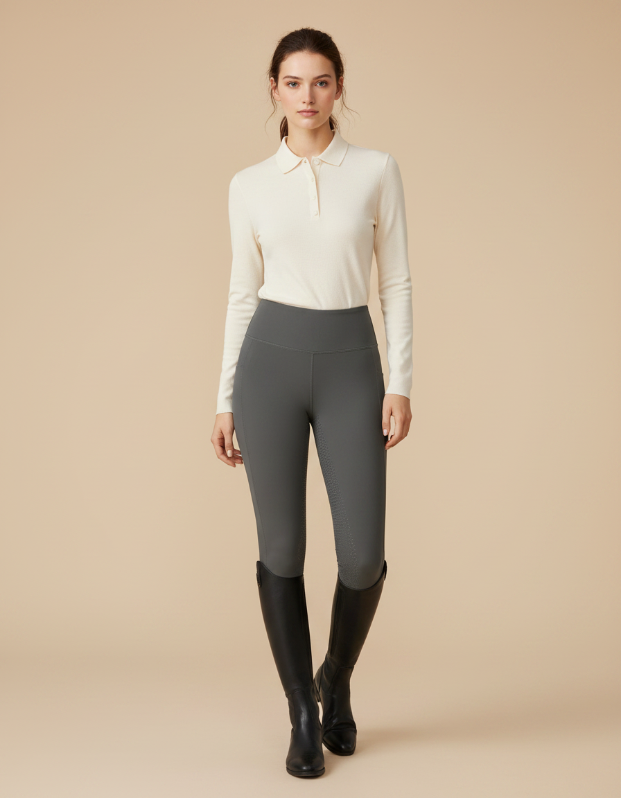 Pantalon Équitation Gris Femme Ajusté Taille Haute - Polyester
