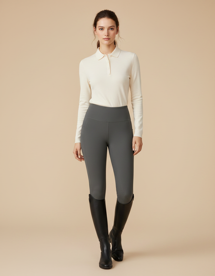 Pantalon Équitation Gris Femme Ajusté Taille Haute - Polyester