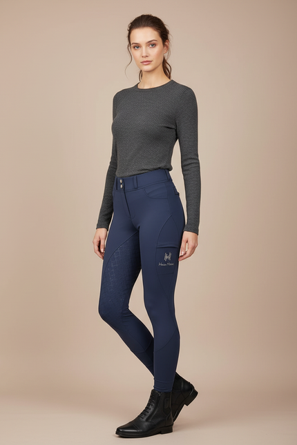 Pantalon Équitation Marine Silicone Femme Confortable Poches - Polyester