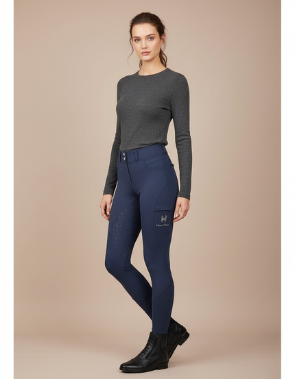 Pantalon Équitation Marine Silicone Femme Confortable Poches - Polyester