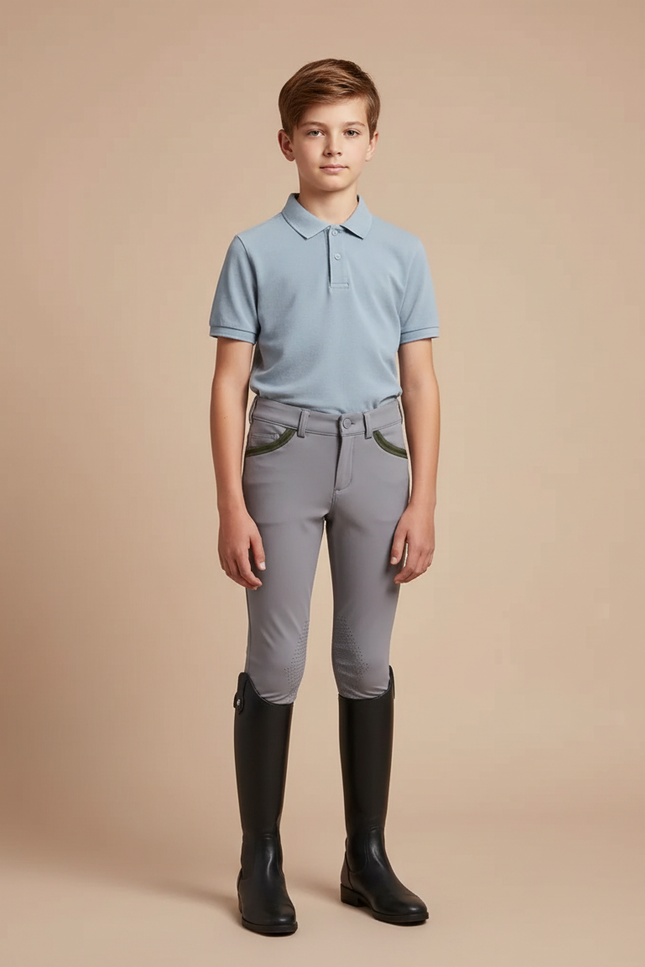 Pantalon Équitation Garçon Gris Poches Vertes Silicone - Polyester