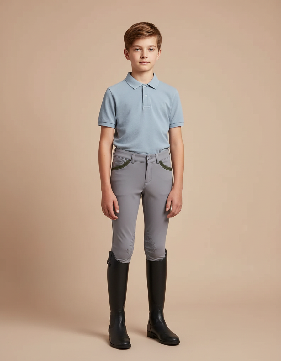 Pantalon Équitation Garçon Gris Poches Vertes Silicone - Polyester
