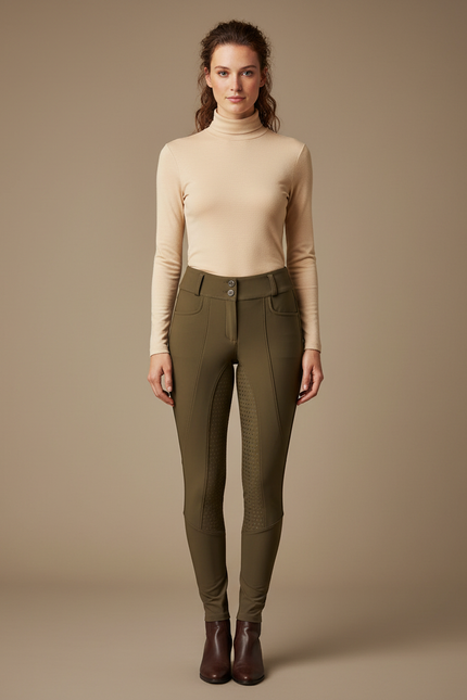 Pantalon Équitation Kaki Silicone Ajusté Poches Femme - Polyester