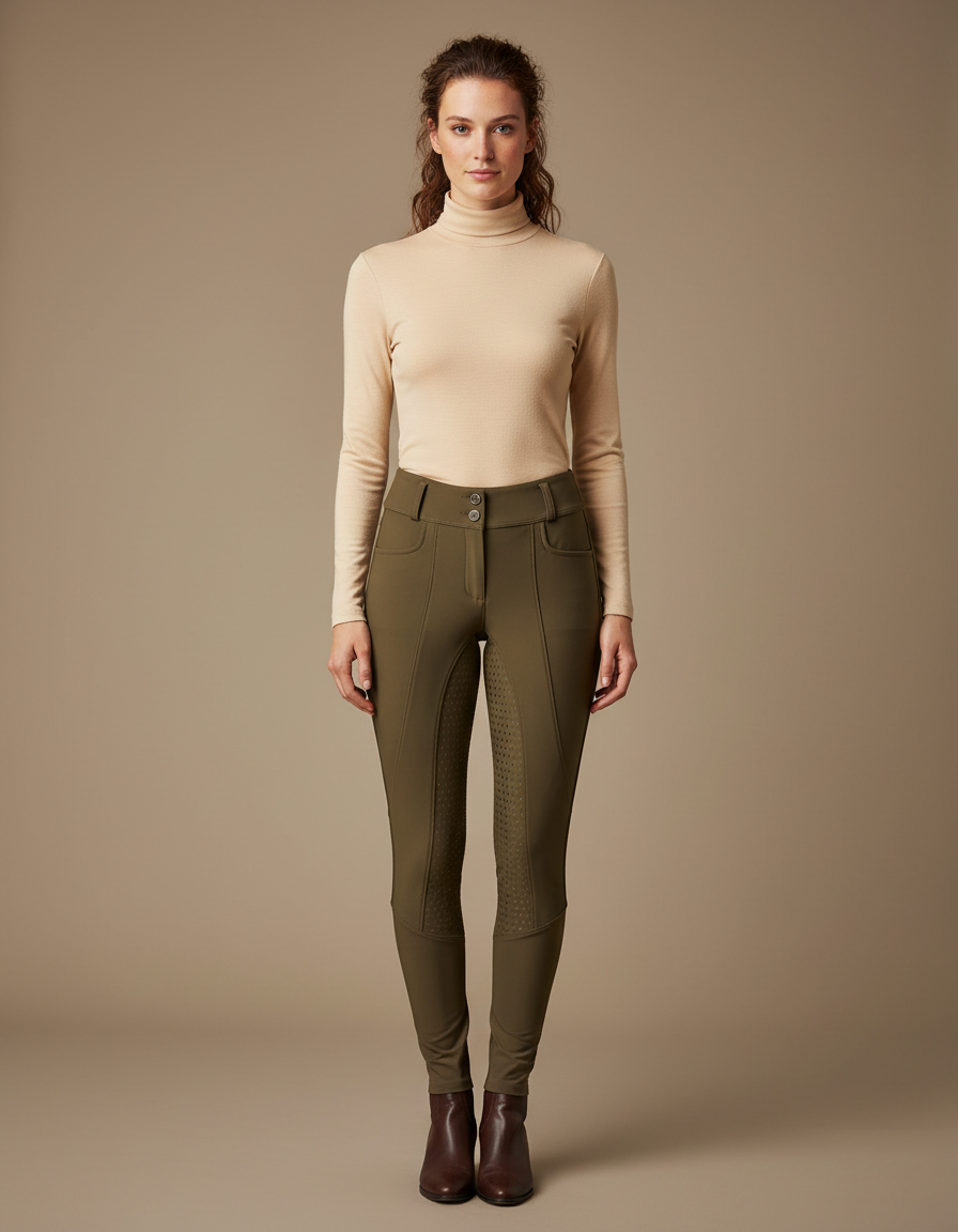 Pantalon Équitation Kaki Silicone Ajusté Poches Femme - Polyester