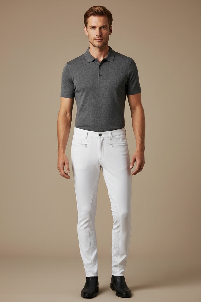 Pantalon Équitation Blanc Homme Adhérent Silicone Stretch Moderne - Polyester