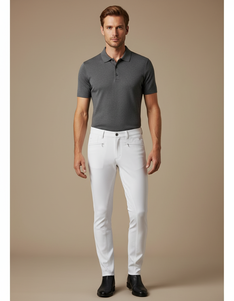 Pantalon Équitation Blanc Homme Adhérent Silicone Stretch Moderne - Polyester