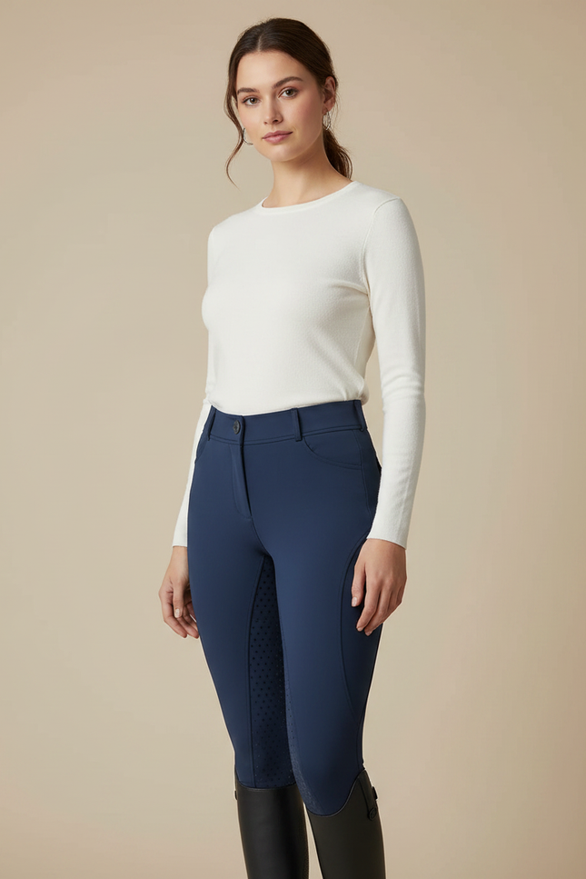 Pantalon Équitation Marine Femme Silicone Ajusté Élégant - Polyester