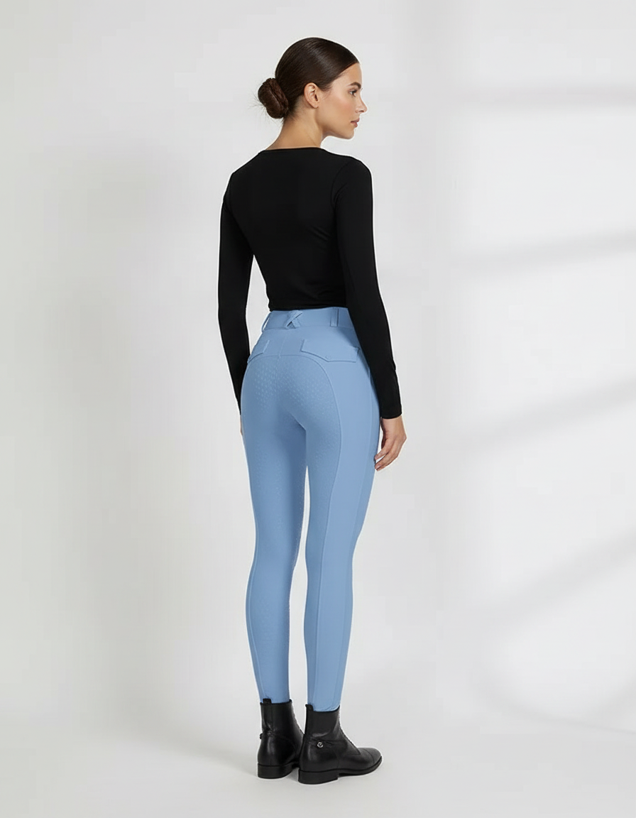 Pantalon Équitation Bleu Ciel Femme Silicone Taille Haute Ajusté - Polyester