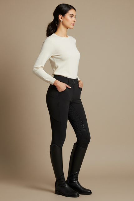 Pantalon Équitation Noir Femme Silicone Grip Ajusté - Polyester