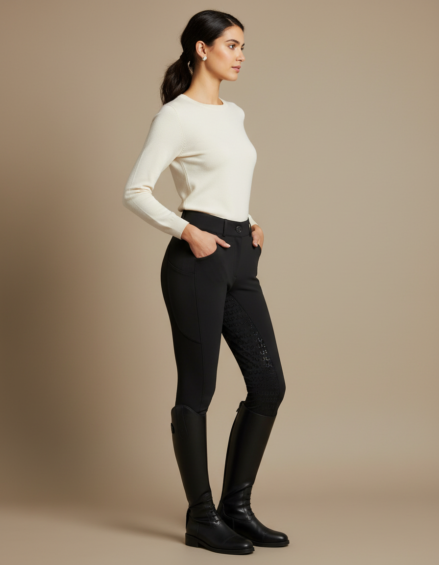 Pantalon Équitation Noir Femme Silicone Grip Ajusté - Polyester
