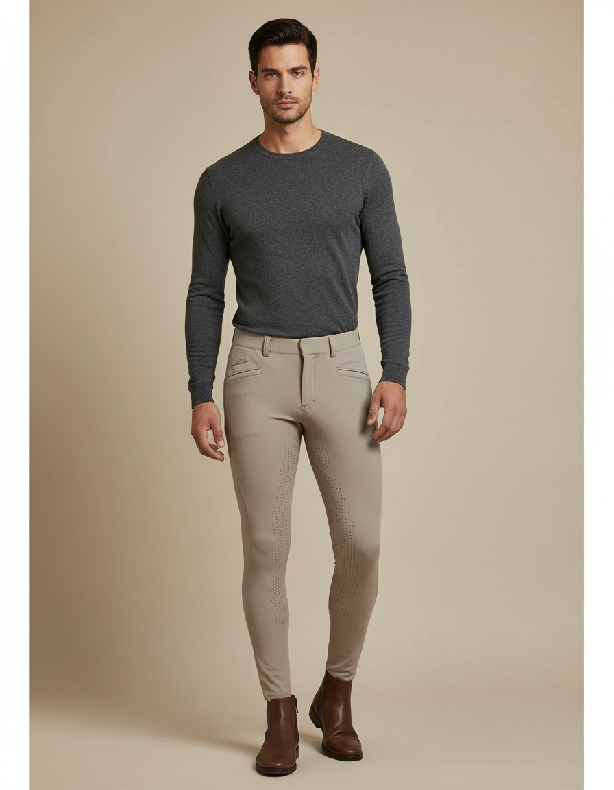 Pantalon Équitation Homme Beige Silicone Stretch Confortable - Polyester