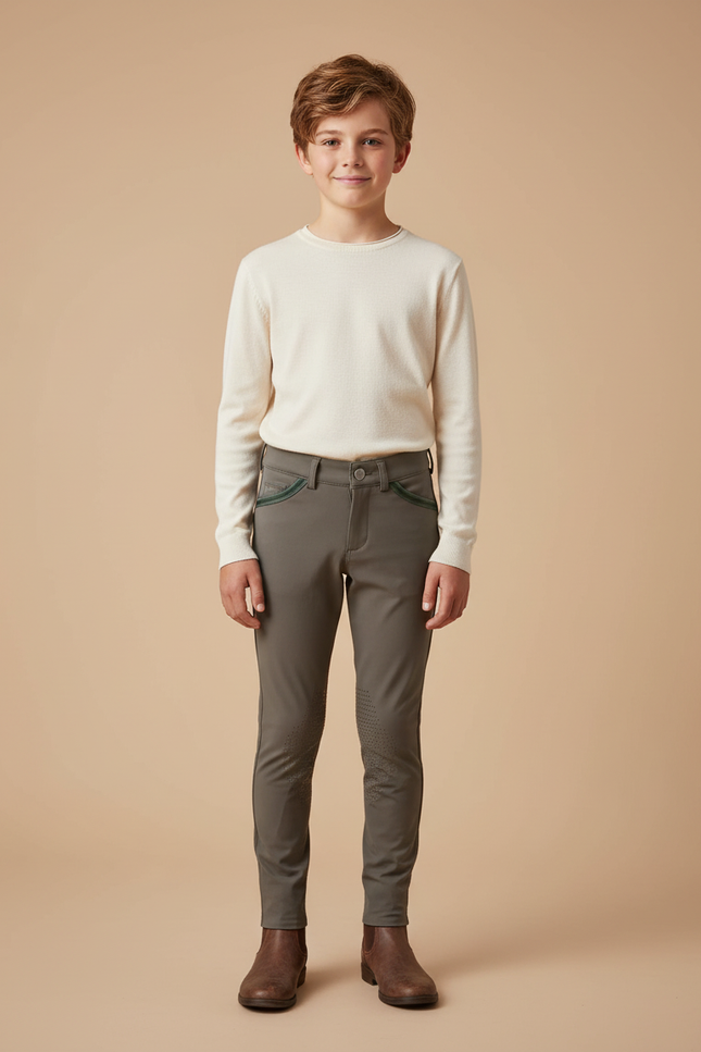 Pantalon Équitation Garçon Gris Vert Confortable Silicone - Kaki Polyester