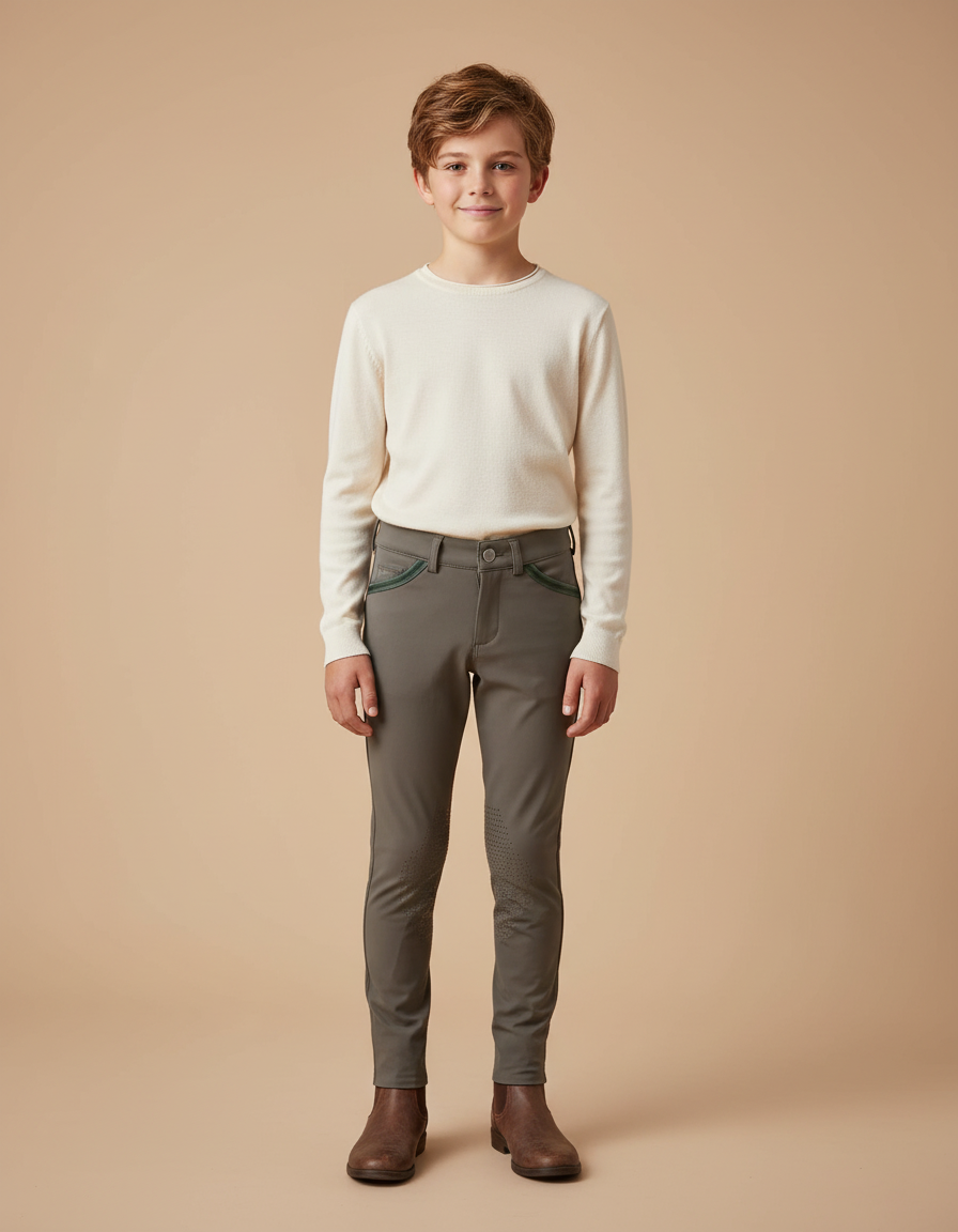 Pantalon Équitation Garçon Gris Vert Confortable Silicone - Kaki Polyester
