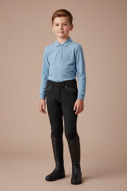 Pantalon Équitation Noir Enfant Silicone Poches Vertes - Polyester
