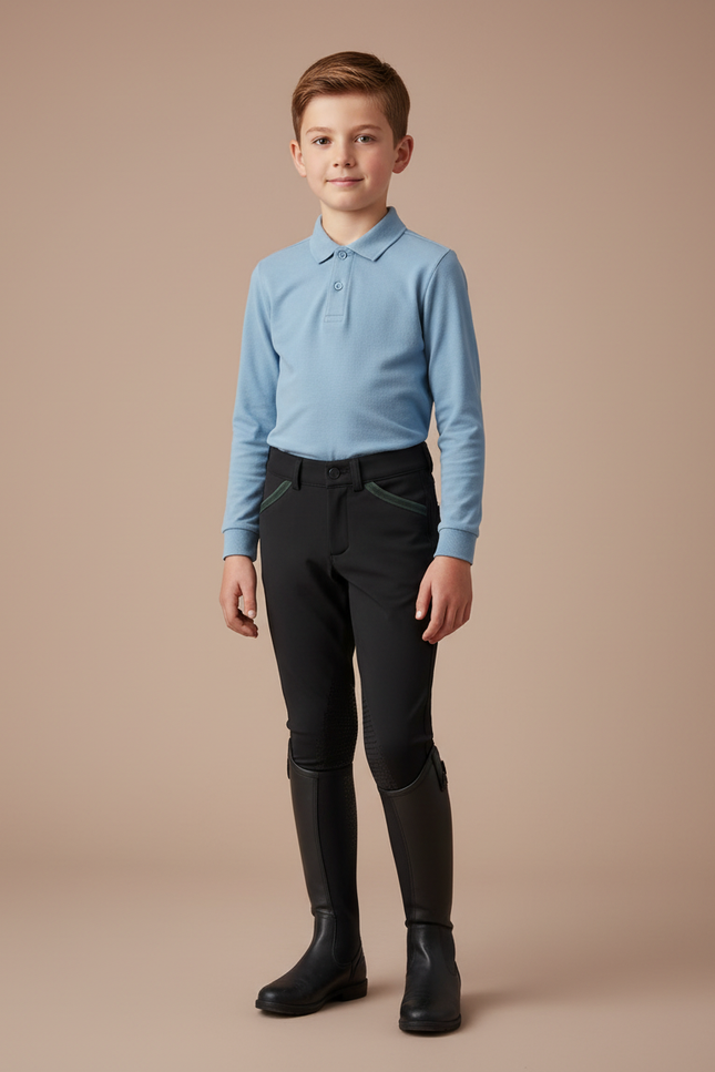 Pantalon Équitation Noir Enfant Silicone Poches Vertes - Polyester
