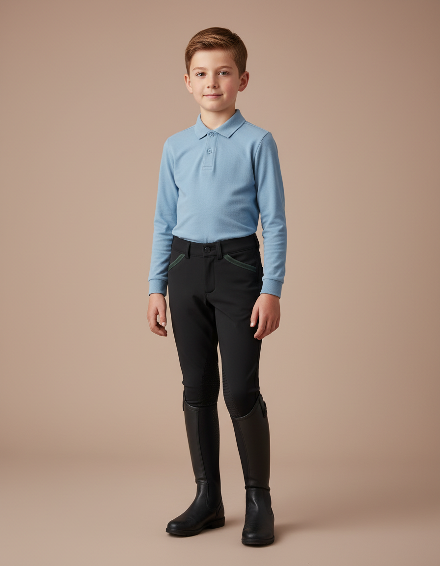 Pantalon Équitation Noir Enfant Silicone Poches Vertes - Polyester