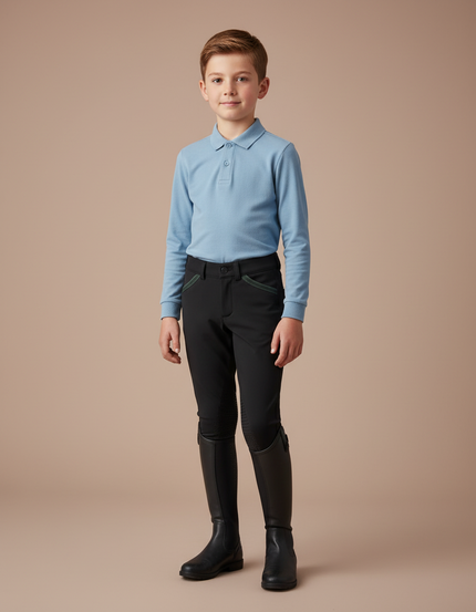 Pantalon Équitation Noir Enfant Silicone Poches Vertes - Polyester