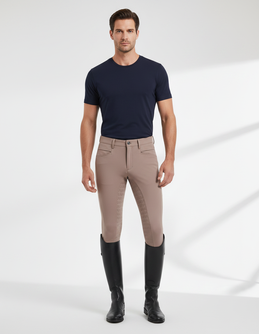 Pantalon Équitation Homme Beige Silicone Adhérent Stretch Ajusté - Polyester