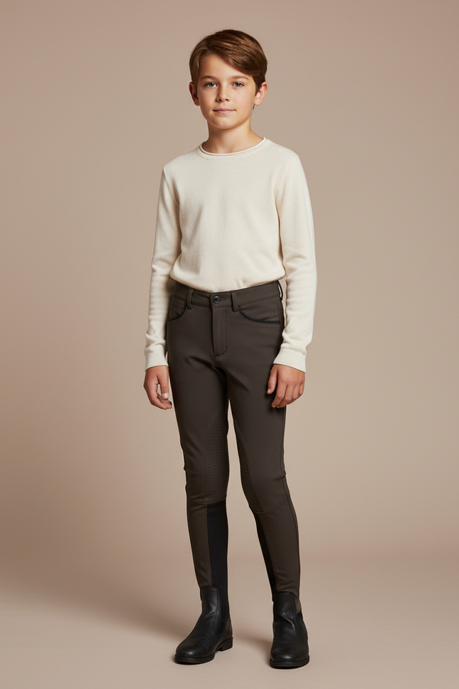 Pantalon Équitation Garçon Marron Silicone Stretch Ajusté - Polyester