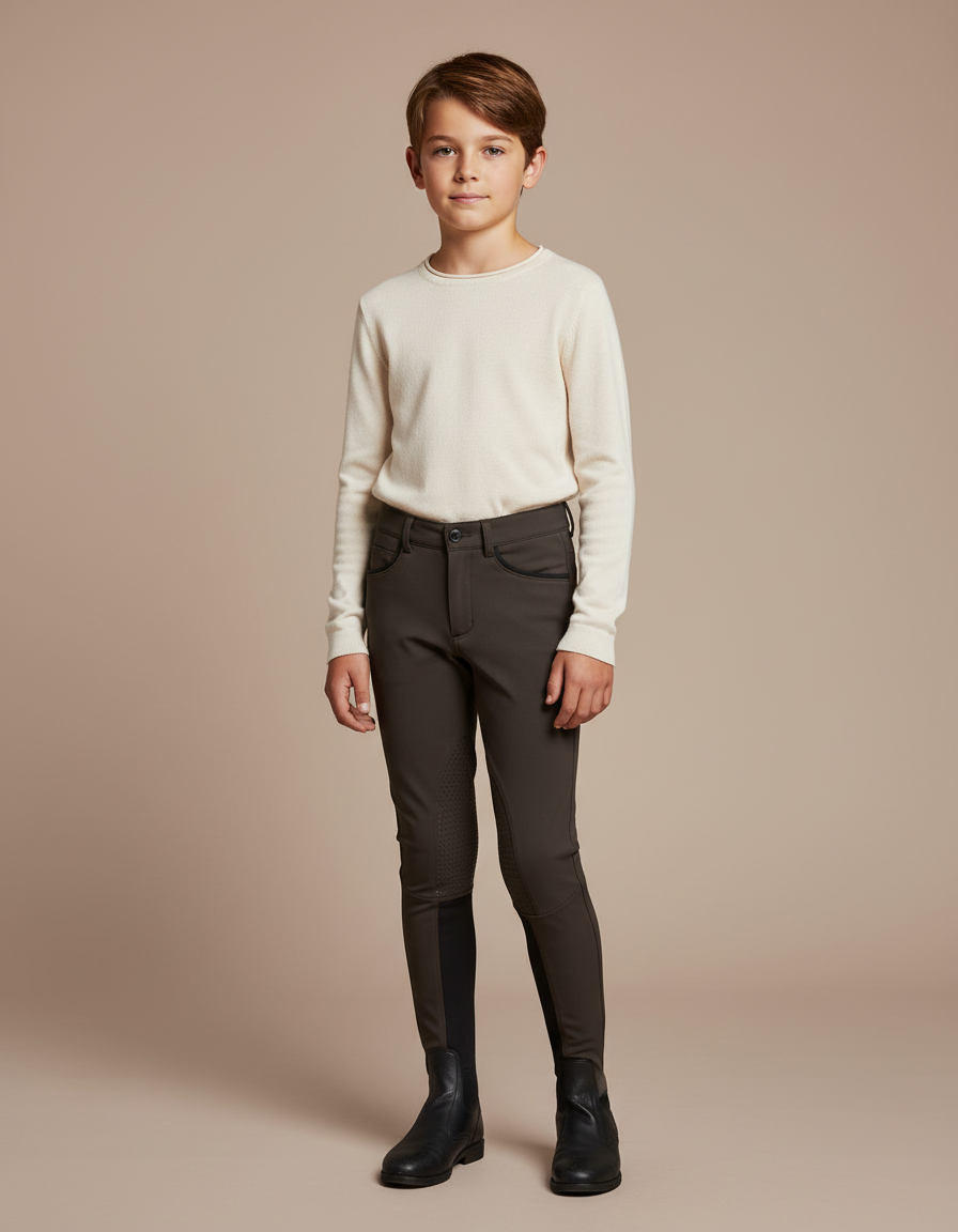 Pantalon Équitation Garçon Marron Silicone Stretch Ajusté - Polyester
