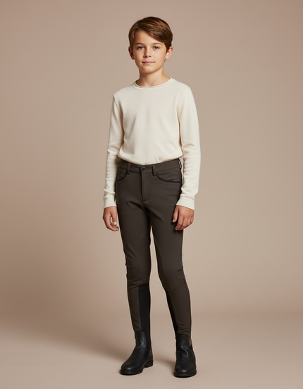 Pantalon Équitation Garçon Marron Silicone Stretch Ajusté - Polyester