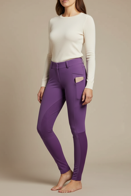 Pantalon Équitation Violet Femme Ajusté Grip Latéral - Polyester