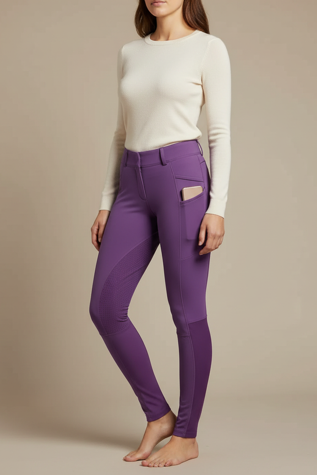 Pantalon Équitation Violet Femme Ajusté Grip Latéral - Polyester