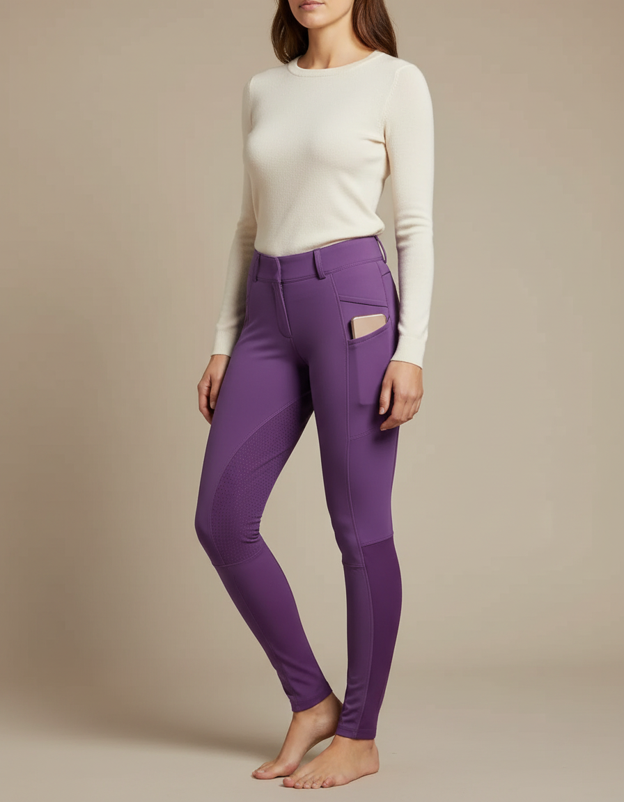 Pantalon Équitation Violet Femme Ajusté Grip Latéral - Polyester