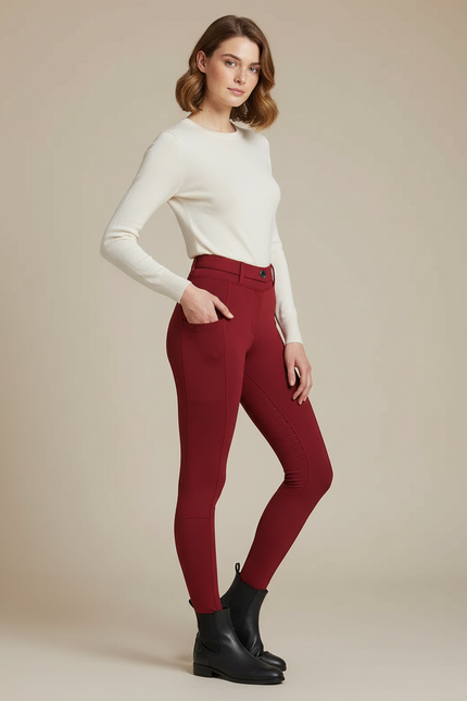 Pantalon Équitation Rouge Ajusté Silicone Poches Femme - Bordeaux Polyester