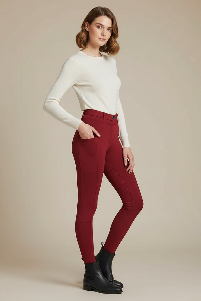 Pantalon Équitation Rouge Ajusté Silicone Poches Femme - Bordeaux Polyester