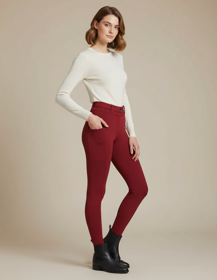 Pantalon Équitation Rouge Ajusté Silicone Poches Femme - Bordeaux Polyester