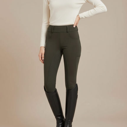 Pantalon Équitation Femme Vert Kaki Adhérent Silicone Taille Haute - Polyester
