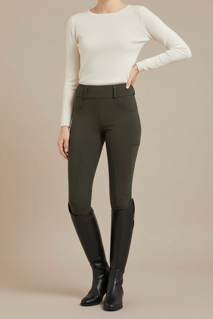 Pantalon Équitation Femme Vert Kaki Adhérent Silicone Taille Haute - Polyester