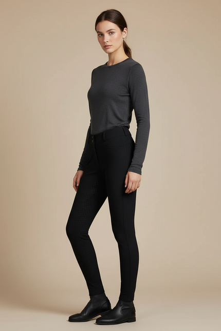 Pantalon Équitation Noir Silicone Ajusté Discret Femme - Polyester
