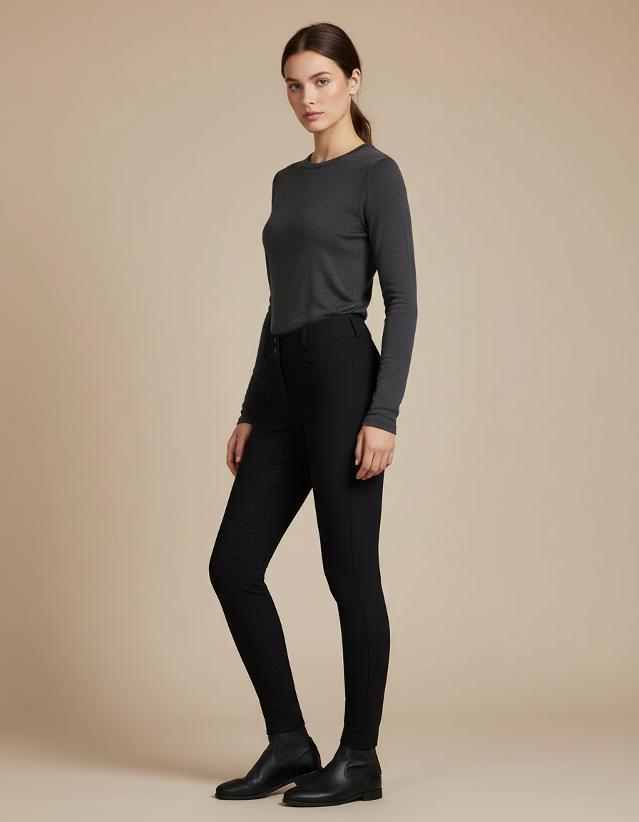 Pantalon Équitation Noir Silicone Ajusté Discret Femme - Polyester