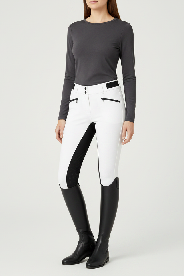 Pantalon Équitation Blanc Noir Taille Haute Élastique - Polyester