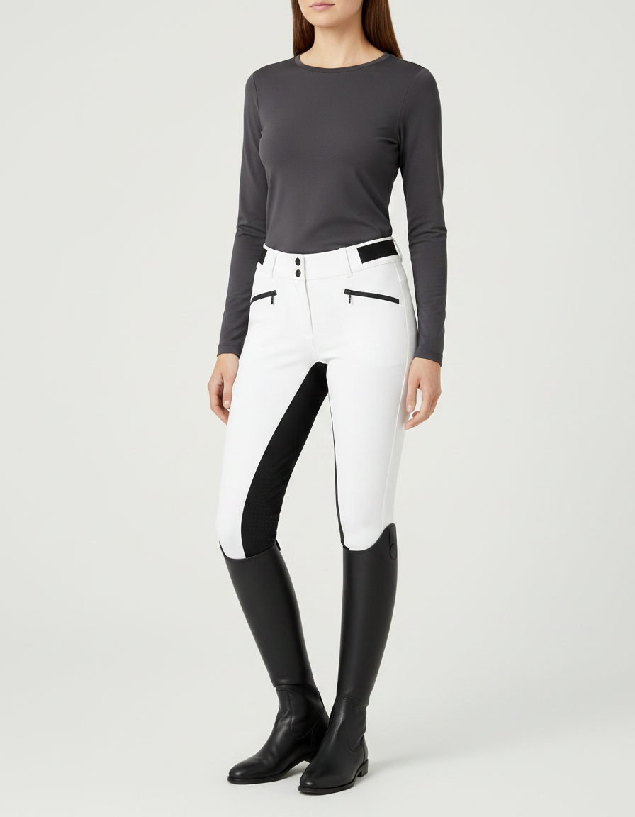 Pantalon Équitation Blanc Noir Taille Haute Élastique - Polyester