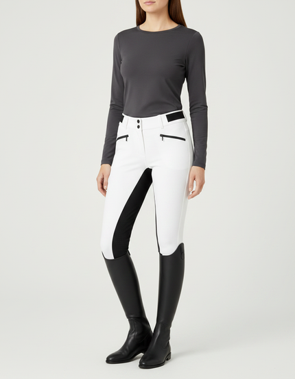 Pantalon Équitation Blanc Noir Taille Haute Élastique - Polyester