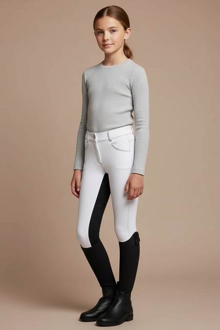 Pantalon Équitation Blanc Fille Ajusté Silicone Adhérent - Polyester