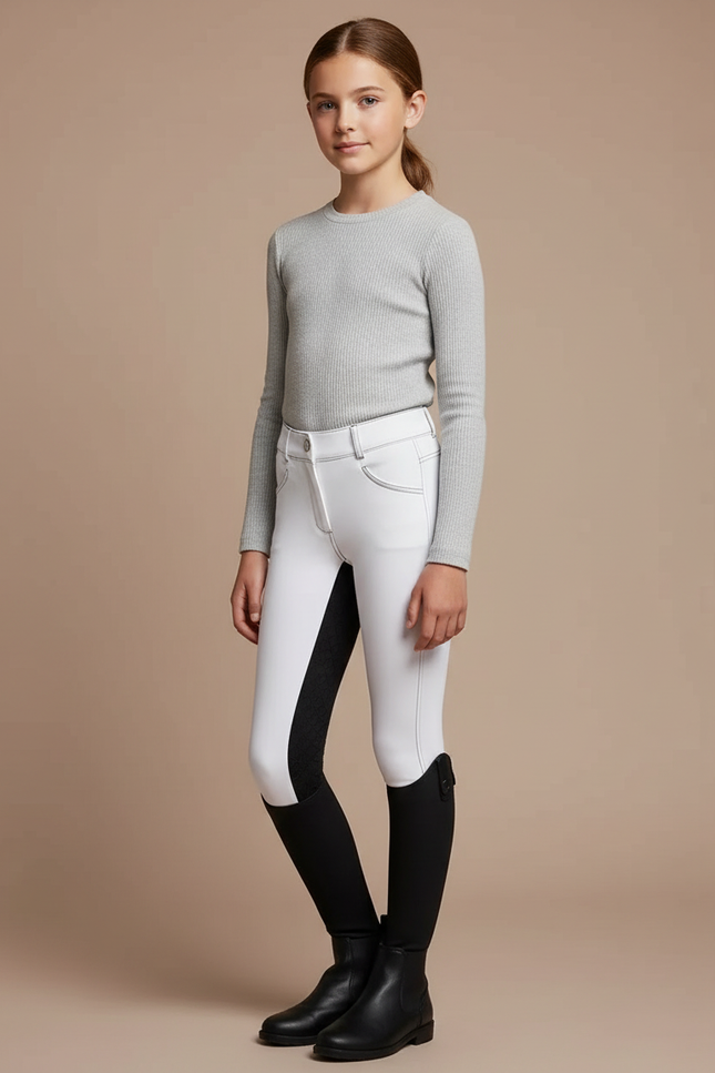 Pantalon Équitation Blanc Fille Ajusté Silicone Adhérent - Polyester