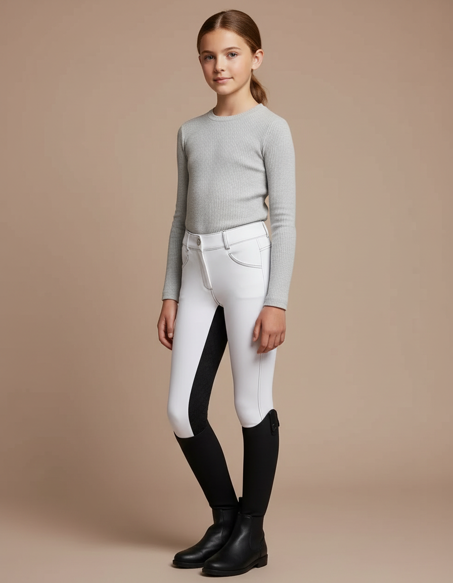 Pantalon Équitation Blanc Fille Ajusté Silicone Adhérent - Polyester